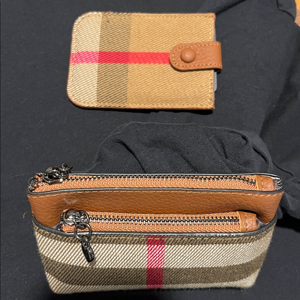 Checkered Card Holder and Coin Pouch in Brown and red